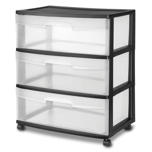 Sterilite 3 Drawer Wide Cart Black