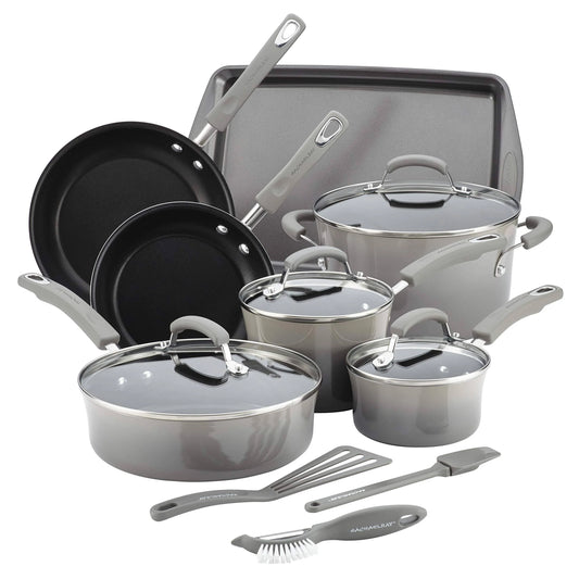 Rachael Ray Hard Enamel Nonstick 14-Piece Cookware Set Gray