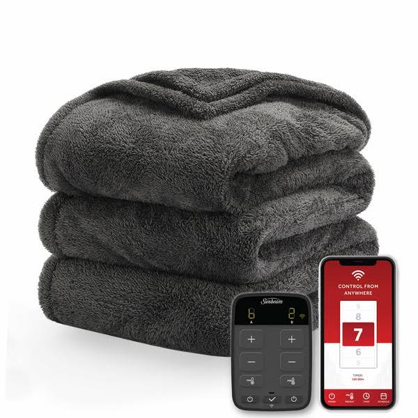 Sunbeam Loftec Wi-Fi Connected Electric Heated Blanket, Slate Gray, Queen